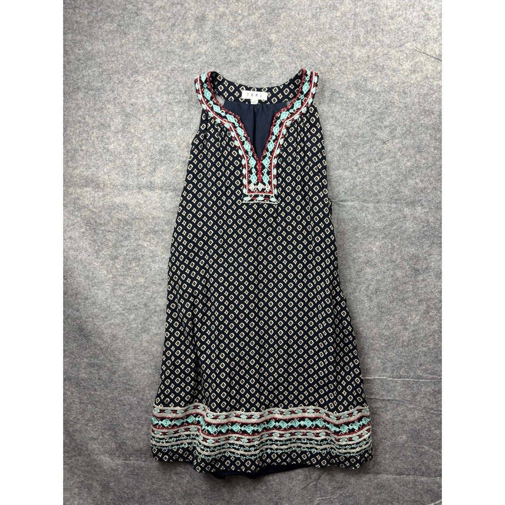 THML‎ Size L Navy Faye Boho Embroidered V-Neck Tunic Style Mini Dress